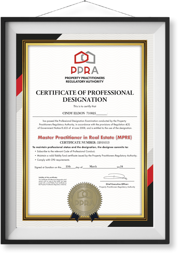 PPRA Master Practitioner in Real Estate (MPRE) Certificate Cindy Eldon - VIP Beach Homes - Ethical Real Estate Agency (Jeffreys Bay)