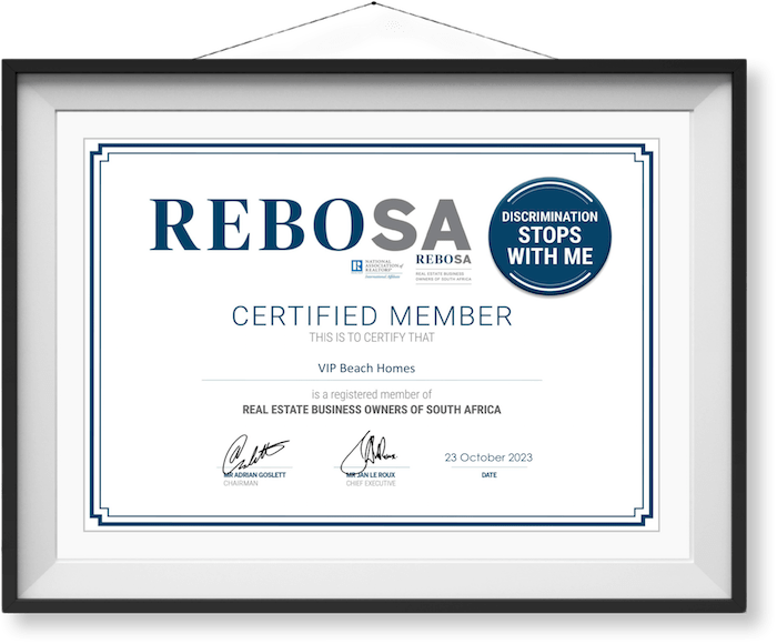 REBOSA Member Certificate Cindy Eldon - VIP Beach Homes - Ethical Real Estate Agency (Jeffreys Bay)