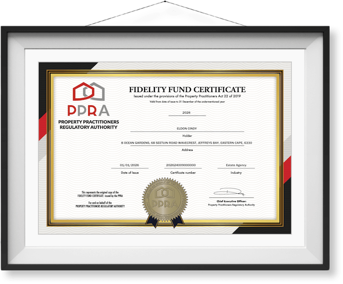 PPRA Fidelity Fund Certificate Cindy Eldon 2026-2028 VIP Beach Homes Real Estate Agency Jeffreys Bay