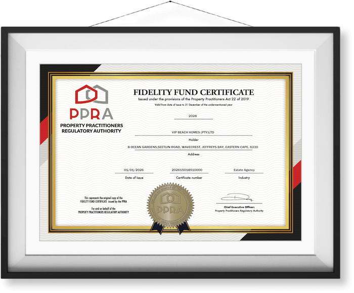 PPRA Fidelity Fund Certificate VIP Beach Homes 2026-2028 Real Estate Agency Jeffreys Bay